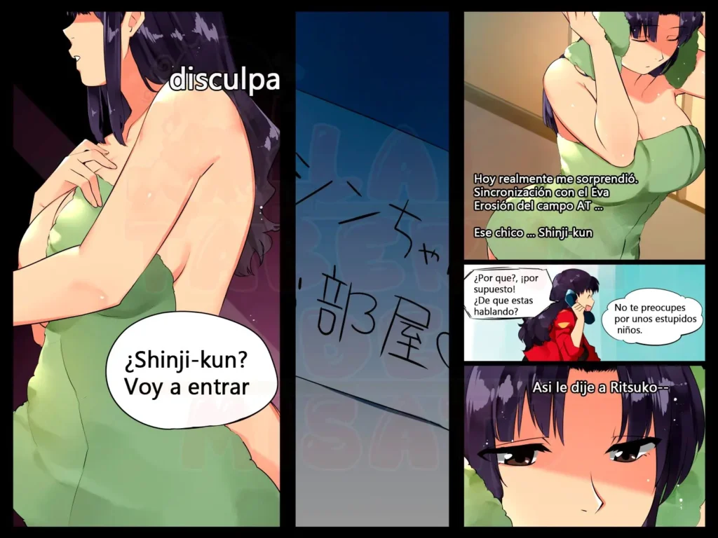 Misato trying to entangle Shinji